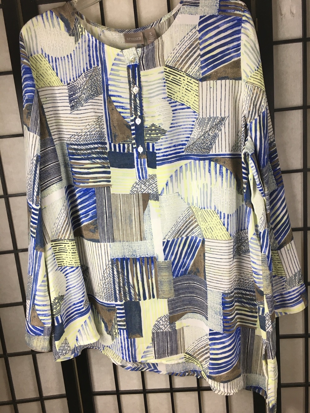 Chico's 3 (L) Geometric Print Hi-Low, Long-Sleeve Shirt in Blue, Yellow & Brown
